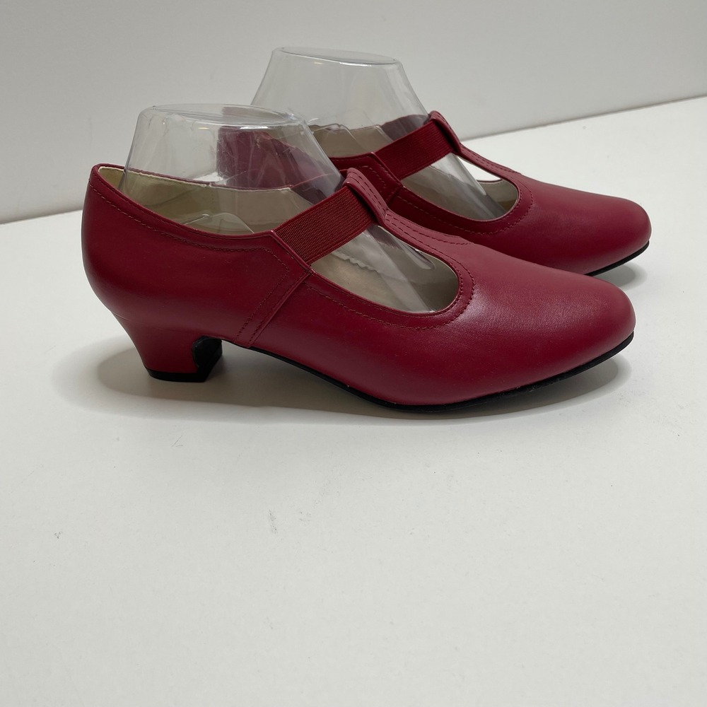Angel Step Red T-Strap Mary Jane Low Block Heel Pump Round Toe 8.5M Retro Granny - Picture 2 of 10